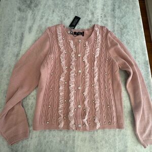Badgley Mischka Blush Pink Ruffle Trim and Jeweled EmbellishmentCrewneck Sweater